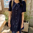 Elbow-sleeve Mini A-line Linen Dress