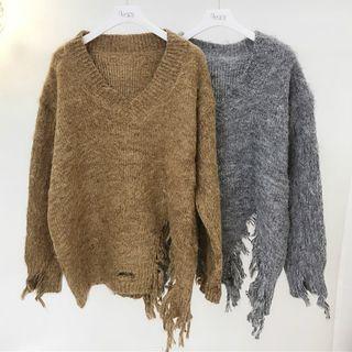 Plain V-neck Ripped Sweater