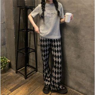Short-sleeve Bear Print T-shirt / Argyle Wide-leg Pants