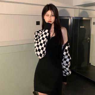 Spaghetti-strap Knit Mini Sheath Dress / Check Shrug