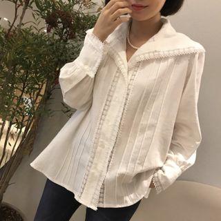 V-neck Lace Trim Blouse White - One Size