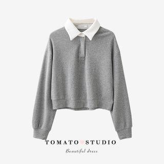 Two Tone Button-up Cropped Sweatshirt