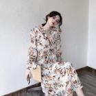 Long-sleeve Ruffle-trim Floral Print Midi Chiffon Dress