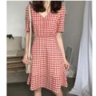 Short-sleeve Checkered Mini A-line Dress