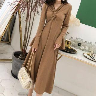 Ruffle-sleeve V-neck Twisted A-line Dress