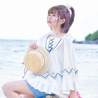 Embroidered Long-sleeve Cape Top