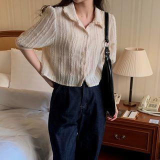 Elbow-sleeve Lace Trim Shirt Almond - One Size
