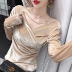 Ruched V-neck Long-sleeve Velvet Top