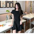 Ruffled Short-sleeve Mini A-line Dress Black - One Size