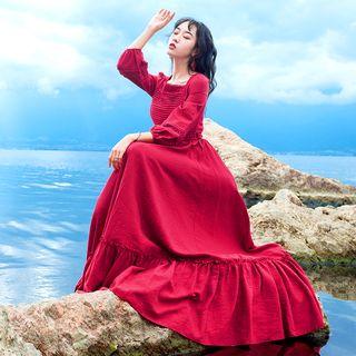 Square-neck 3/4-sleeve Midi A-line Dress