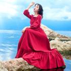 Square-neck 3/4-sleeve Midi A-line Dress