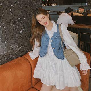 Long-sleeve Tiered Mini Shirt Dress / Denim Vest / Set