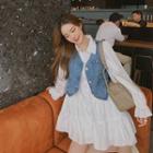 Long-sleeve Tiered Mini Shirt Dress / Denim Vest / Set