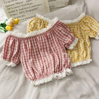 Boatneck Ruffled-trim Checker Crop Top