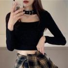 Long-sleeve Buckled Crop Top Black - One Size
