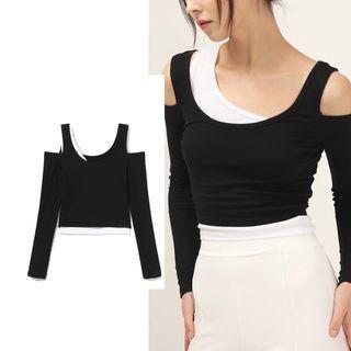 Mock Two Piece Off Shoulder Long Sleeve Crop Top