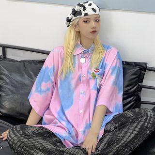 Elbow-sleeve Tie-dye Lettering Print Shirt