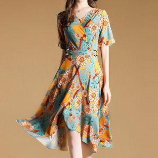 Floral Print Short-sleeve Asymmetric A-line Dress