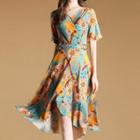 Floral Print Short-sleeve Asymmetric A-line Dress