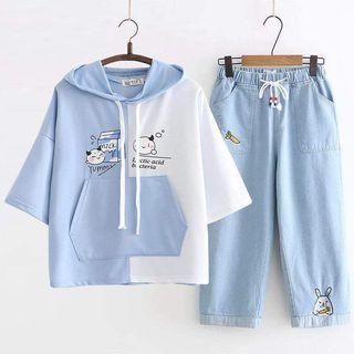 Short-sleeve Hooded Cartoon Print T-shirt / Embroidered Tapered Jeans / Set