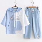 Short-sleeve Hooded Cartoon Print T-shirt / Embroidered Tapered Jeans / Set