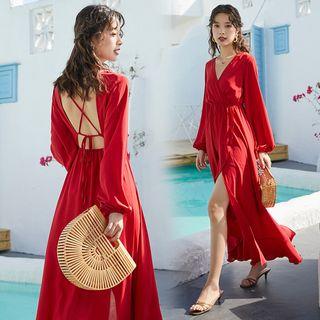 V-neck Balloon-sleeve Midi Sundress