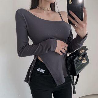 Long-sleeve Off-shoulder Slit-hem Top Gray - One Size