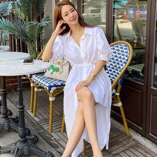 Elbow-sleeve Slit Midi A-line Shirt Dress