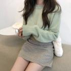 Crew-neck Sweater / Plaid Mini A-line Skirt