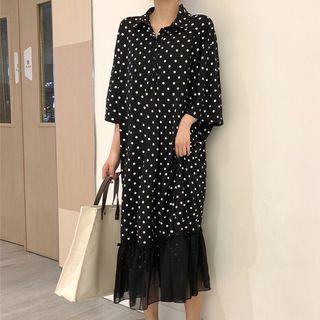 Dotted 3/4 Sleeve Midi Dress Black - One Size