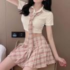 Short-sleeve Collared Cropped T-shirt / Plaid Tie / Mini Pleated Skirt / Set