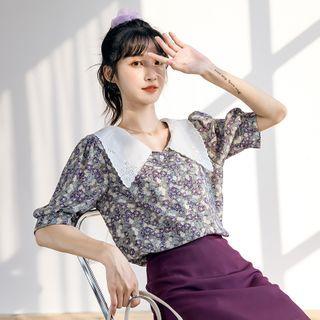 Doll Collar Floral Chiffon Short-sleeved Top