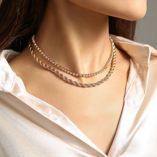 Set: Alloy Twisted Necklace + Rhinestone Necklace Set Of 2 - Nz974 - Alloy Twisted Necklace & Rhinestone Necklace - Gold - One Size