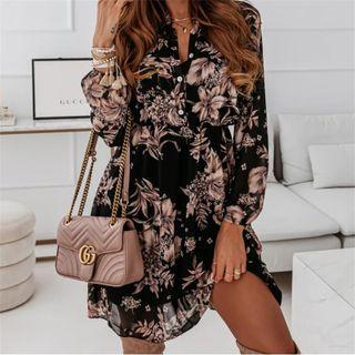 Long Sleeve V-neck Floral Print Shirtdress