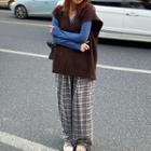 Long-sleeve Knit Top / Cable Knit Vest / Plaid Wide-leg Pants