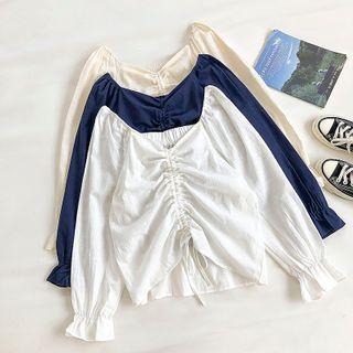 Plain V-neck Drawcord Long-sleeve Blouse