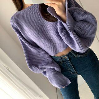 Lantern-sleeve Plain Cropped Knit Top