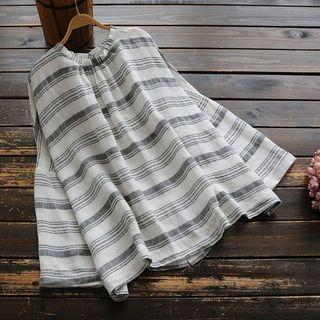 Band Collar Stripe Linen Shirt Stripes - Gray & White - One Size