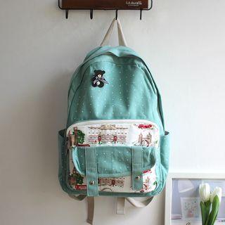 Polka Dot Contrast Color Canvas Backpack Pea Green - One Size