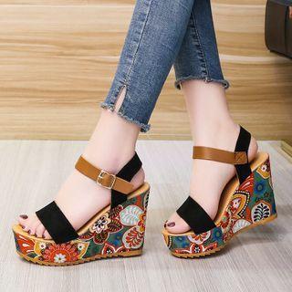 Platform Wedge Floral Print Ankle Strap Sandals