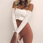 Ruched Drawstring Long-sleeve Off-shoulder Crop Top