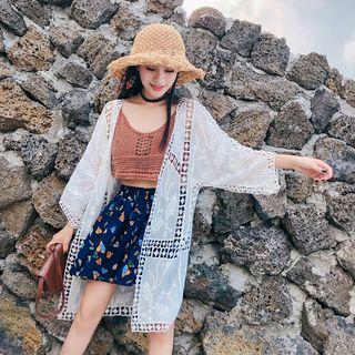 3/4-sleeve Perforated Light Long Jacket White - One Size