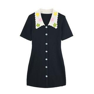 Short-sleeve Collared Button Up Knit Dress Black - One Size