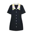 Short-sleeve Collared Button Up Knit Dress Black - One Size