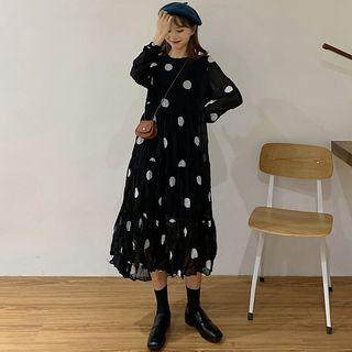 Dotted Long-sleeve A-line Midi Dress Black & White - One Size