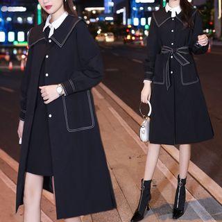 Collared Long-sleeve Mini Shift Dress / Contrast Stitching Long Button Jacket / Set