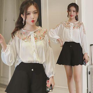 Flower Embroidered Mesh Panel Long Sleeve Blouse