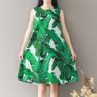 Sleeveless Leaf Print Shift Dress