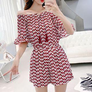 Elbow-sleeve Patterned Wide-leg Playsuit