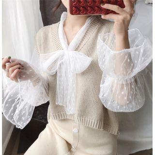 Tie-neck Flared-cuff Dotted Lace Blouse